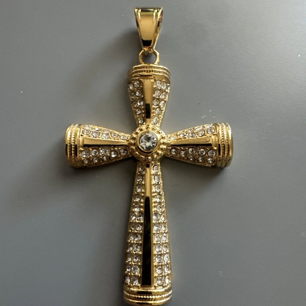 Cross Pendant Cubic Zirconia 24” Chain Gold Tone Stainless Steel Gift Jesus